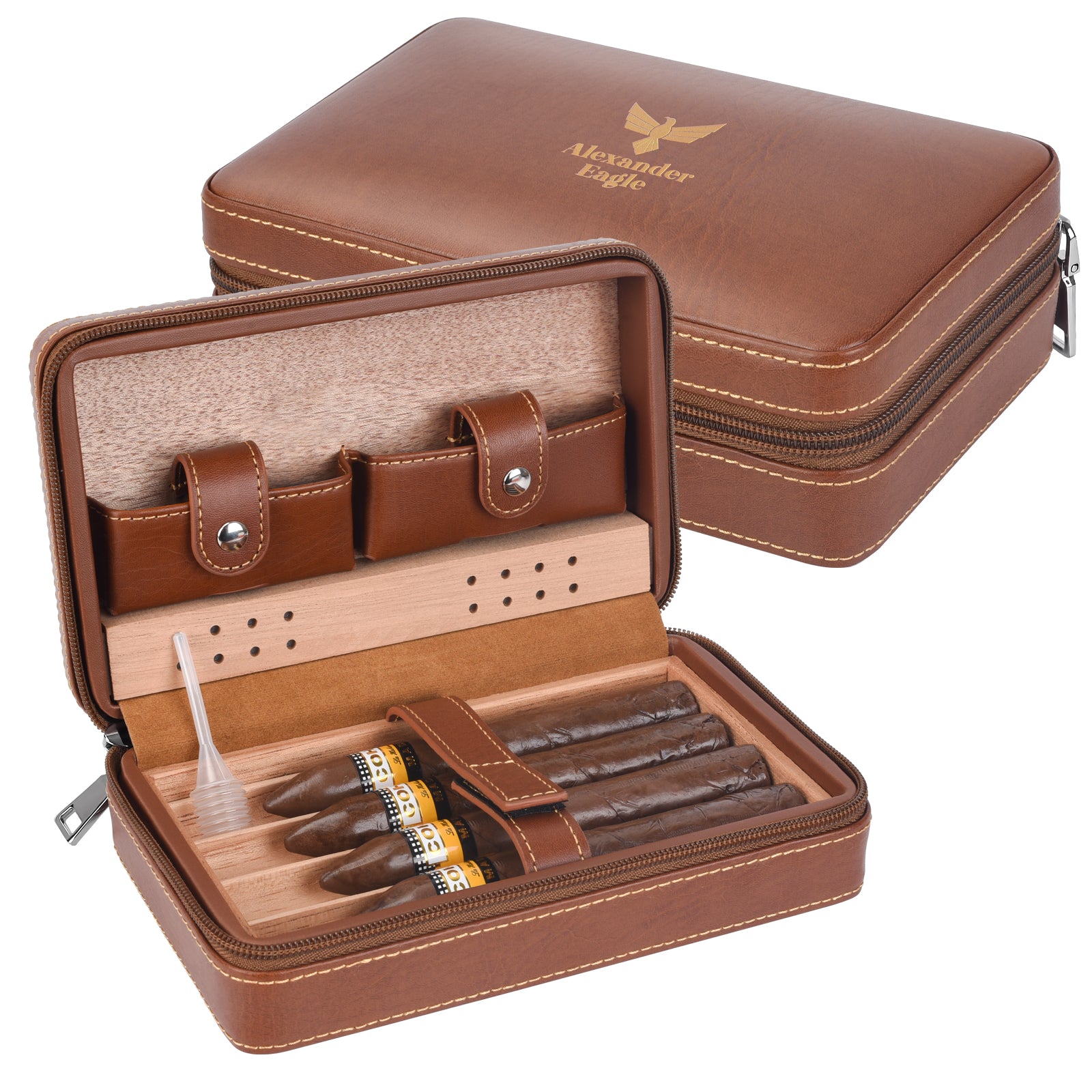 Leather Travel Cigar Humidor Case, Portable Cedar Wood with Humidifier  Humidifier for 4 Cigars